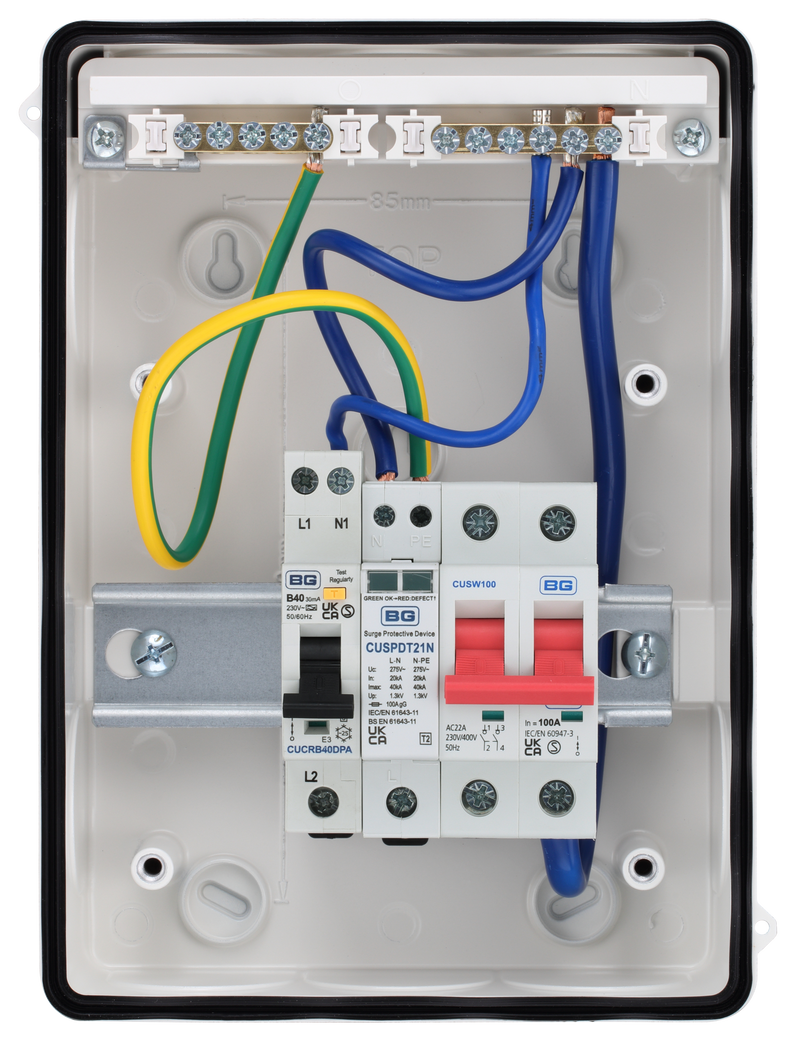 Sync Energy EV Circuit Protection - 5 Module EV Consumer Unit 100A with Main Switch, RCBO, SPD, IP65 - White