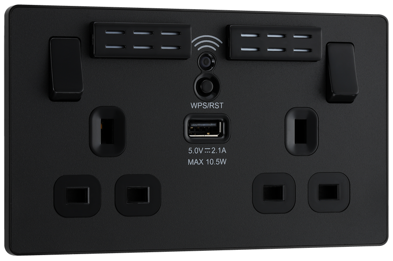BG Electrical Evolve Matt Black - Double, switched, single pole, WiFi Extender + USB A
