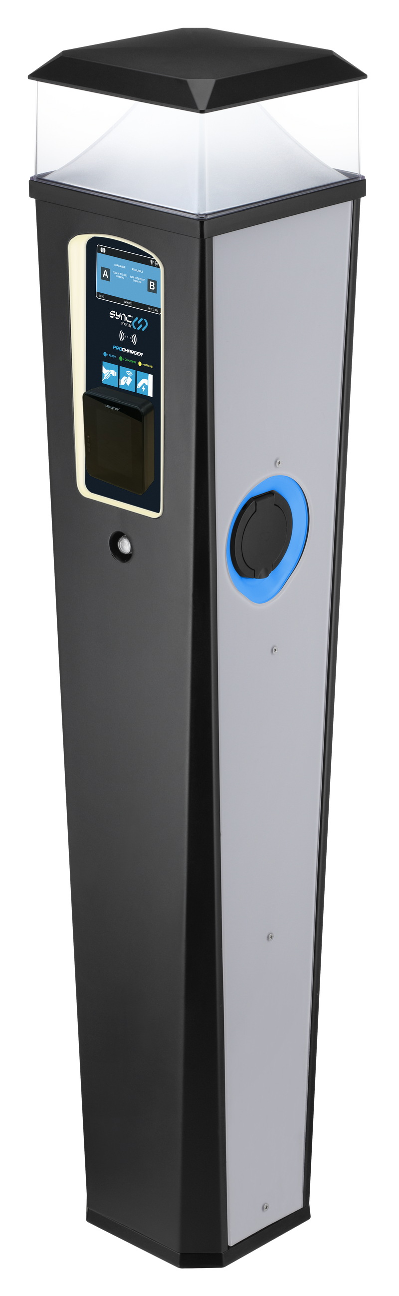 Sync Energy Pro Charger - EV Twin Bollard Pro Charger with Light 2 x 7.4kW, Single Phase - 4G, MID Meter with Pay Terminal