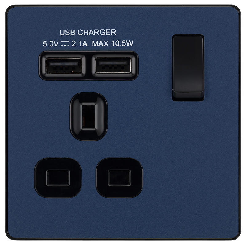 BG Electrical Evolve Matt Blue - Single, switched, single pole, with 2 x USB A