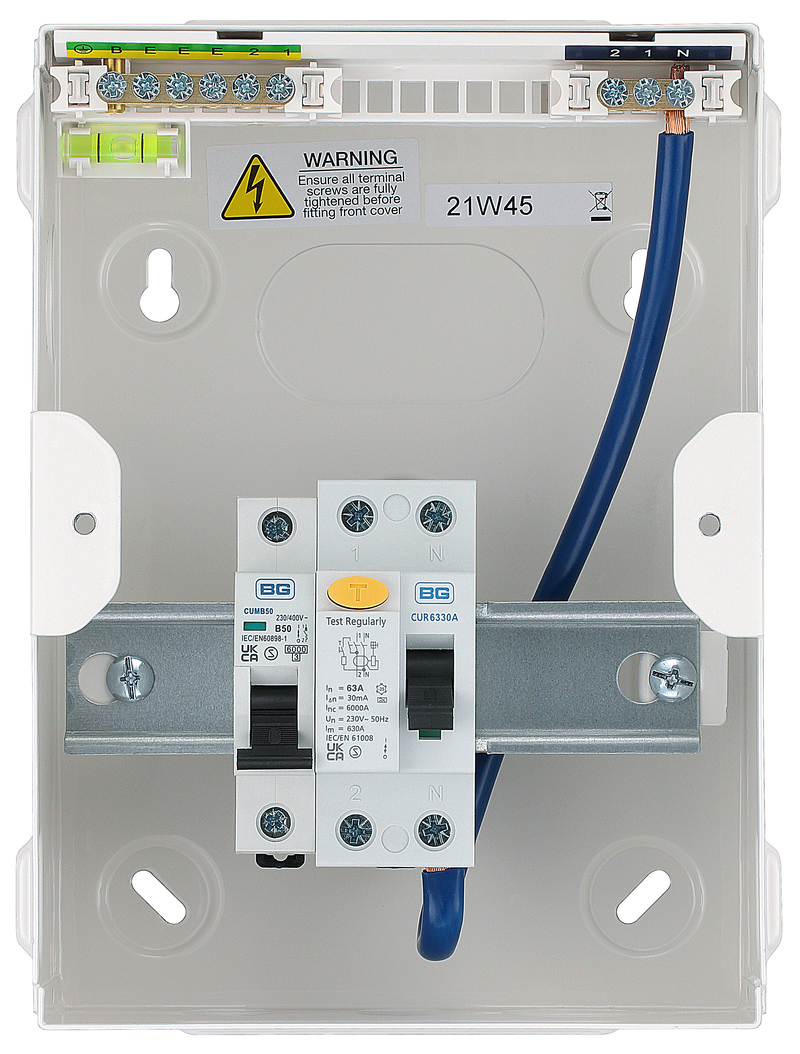 BG Circuit Protection IP20 Non Weatherproof - 4 module, 2 way, 63A Type A RCD, 2 MCB's