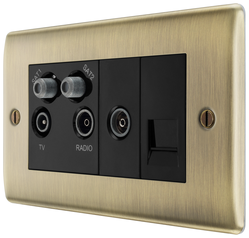BG Electrical Nexus Metal Antique Brass - Quadplex 2 x sat, BT outlet and co-ax returned - screened