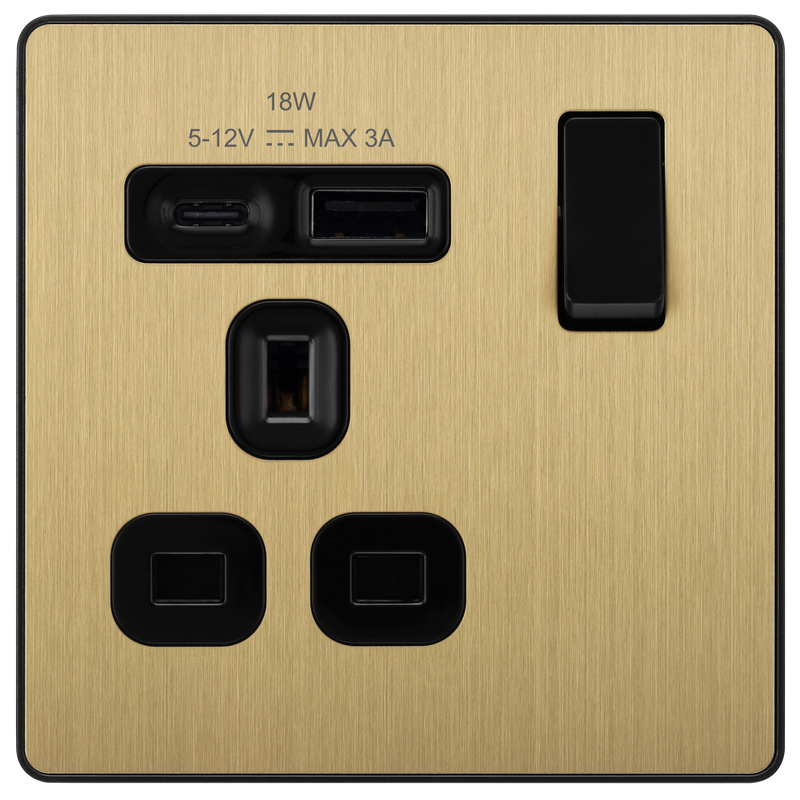 BG Electrical Evolve Satin Brass - Single, switched, single pole, with 1 x USB A + 1 x USB C