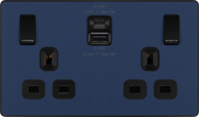 BG Electrical Evolve Matt Blue - Double switched single pole, with USB A + C (22W)