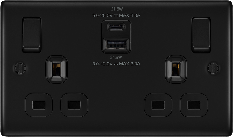 BG Electrical Nexus Metal Matt Black - Double switched single pole, with USB A + C (22W)