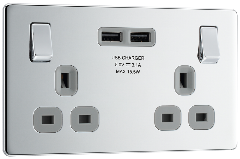 BG Electrical Flatplate Screwless Polished Chrome - Double switched, single pole, with 2 x USB A