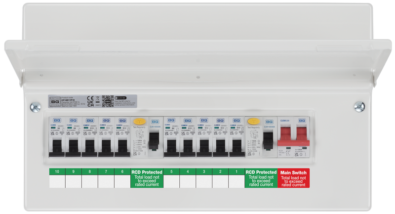 BG Circuit Protection Dual RCD - 16 module, 10 way, 100A Main Switch, 2 x 100A Type A RCD, 10 MCB's