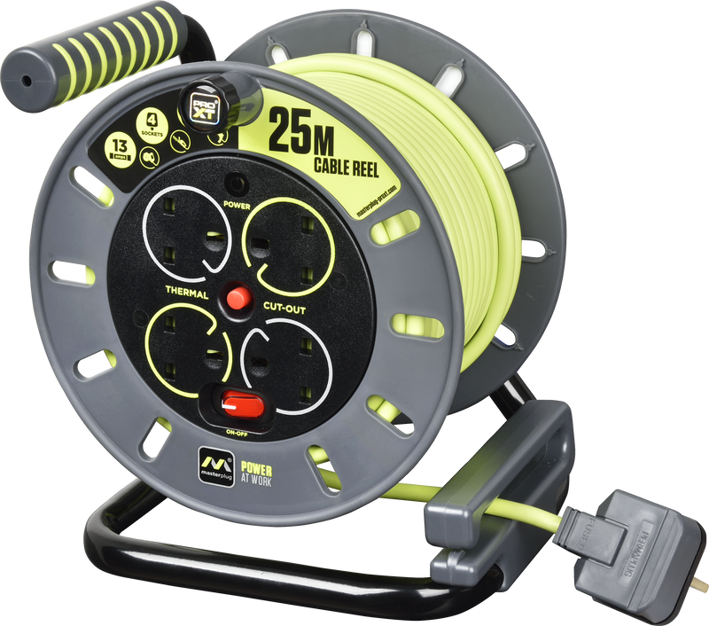 Masterplug Pro XT - 25m, 4 Sockets, 13A, Grey + Green