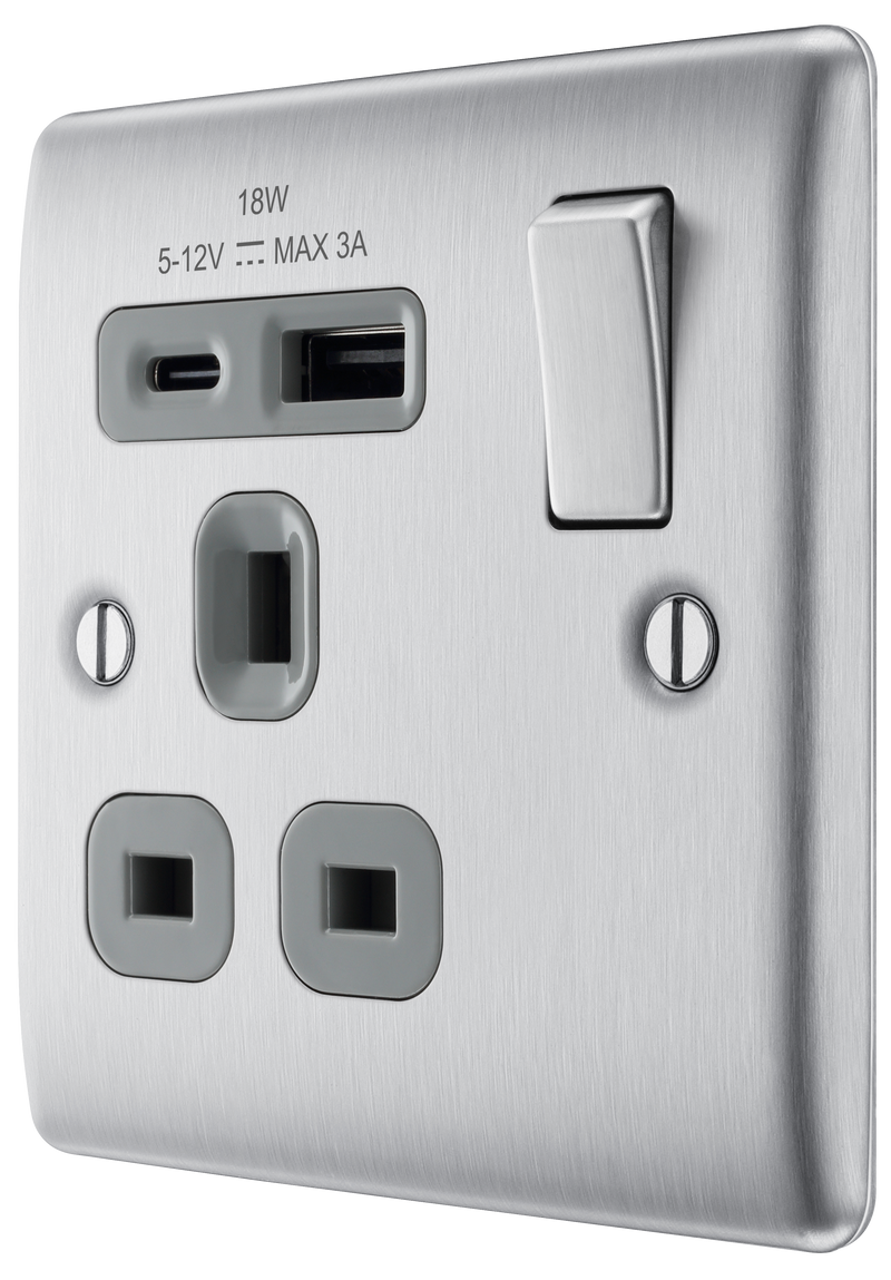 BG Electrical Nexus Metal Brushed Steel - Single, switched, single pole, with 1 x USB A + 1 x USB C