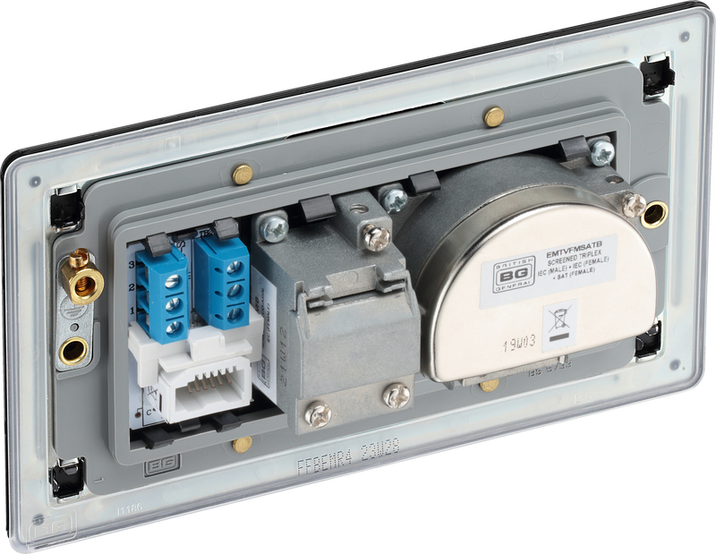 BG Electrical Flatplate Screwless Matt Black - Triplex with BT outlet and co-axial return - screened