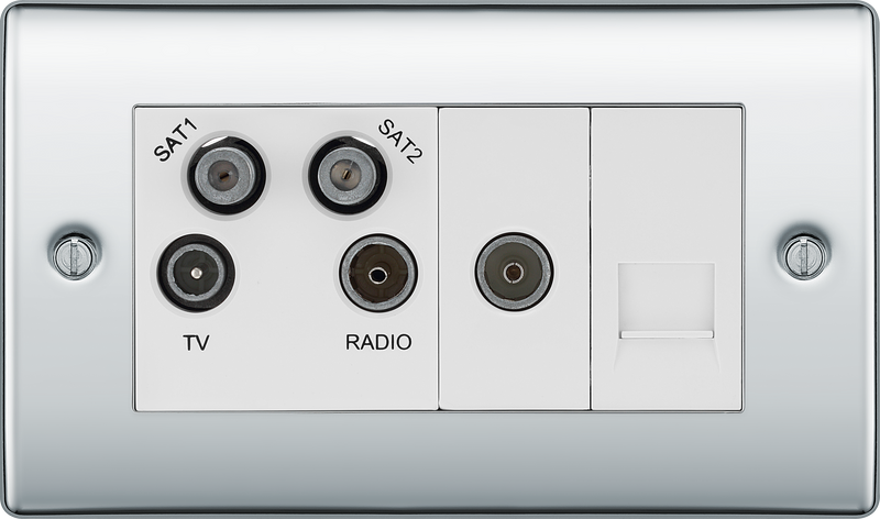 BG Electrical Nexus Metal Polished Chrome - Quadplex, 2 x sat, BT outlet and co-ax returned - screened