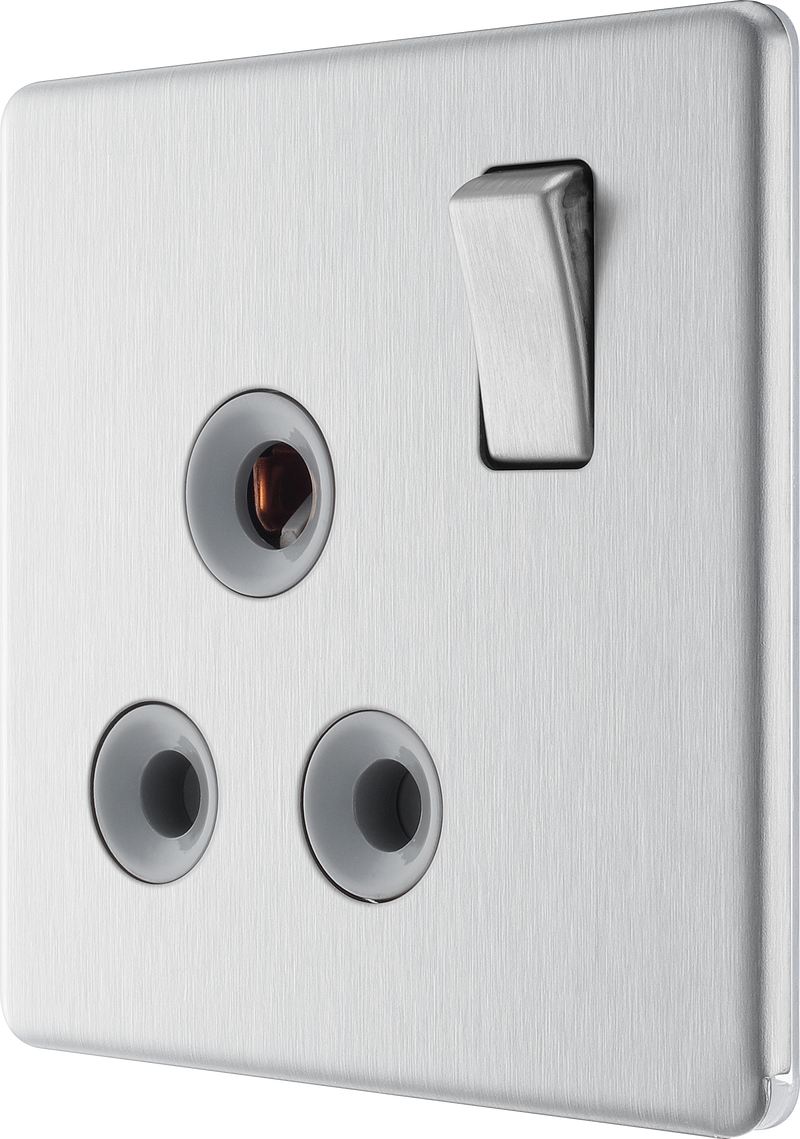 BG Electrical Flatplate Screwless Brushed Steel - 15A, single, switched, round pin