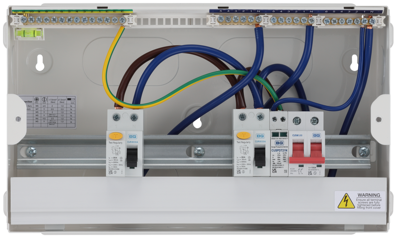 BG Circuit Protection Dual RCD SPD - 16 module, 9 way, 100A Main Switch, 2 x 80A Type A RCD, Type 2 SPD