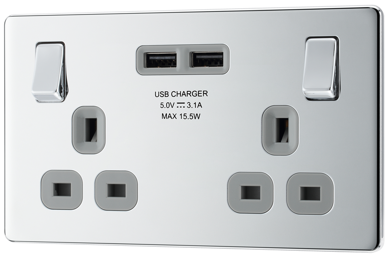 BG Electrical Flatplate Screwless Polished Chrome - Double switched, single pole, with 2 x USB A