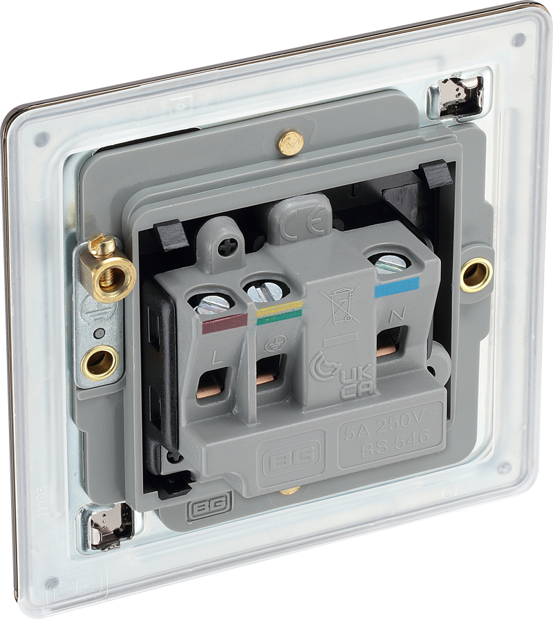 BG Electrical Flatplate Screwless Black Nickel - 5A single, unswitched, round pin