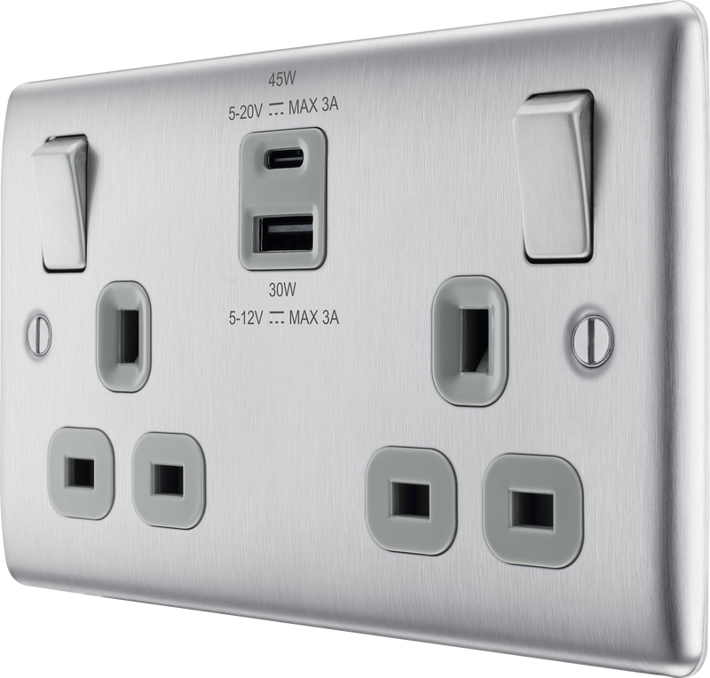 BG Electrical Nexus Metal Brushed Steel - Double switched single pole, with USB A + C (45W)