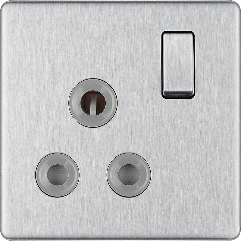 BG Electrical Flatplate Screwless Brushed Steel - 15A, single, switched, round pin