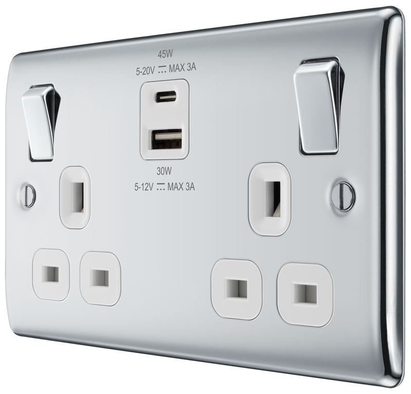 BG Electrical Nexus Metal Polished Chrome - Double switched single pole, with USB A + C (45W)