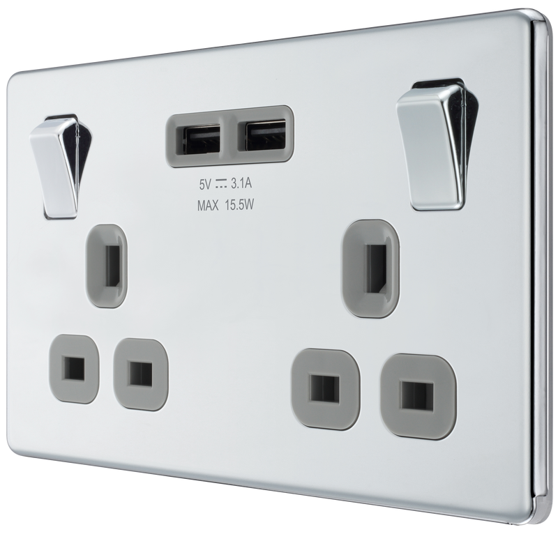 BG Electrical Flatplate Screwless Polished Chrome - Double switched, single pole, with 2 x USB A
