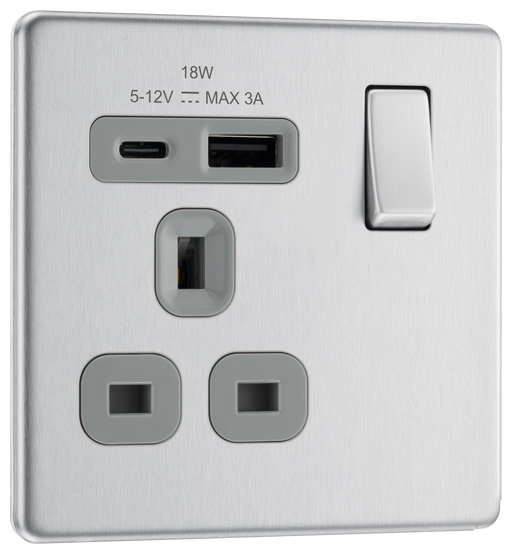 BG Electrical Flatplate Screwless Brushed Steel - Single, switched, single pole, with 1 x USB A + 1 x USB C