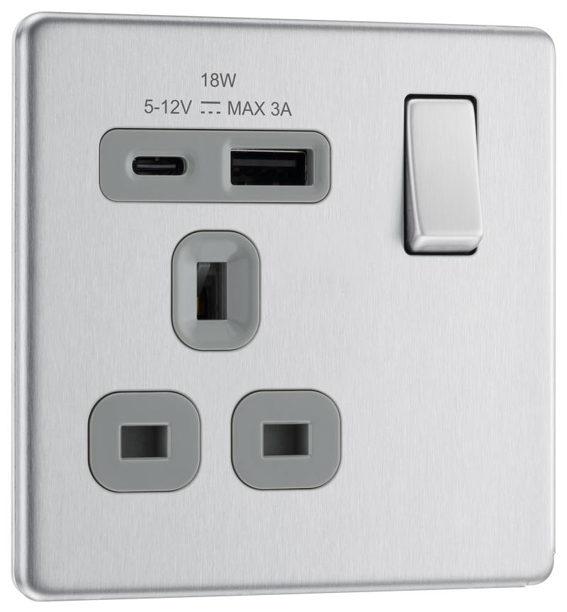 BG Electrical Flatplate Screwless Brushed Steel - Single, switched, single pole, with 1 x USB A + 1 x USB C