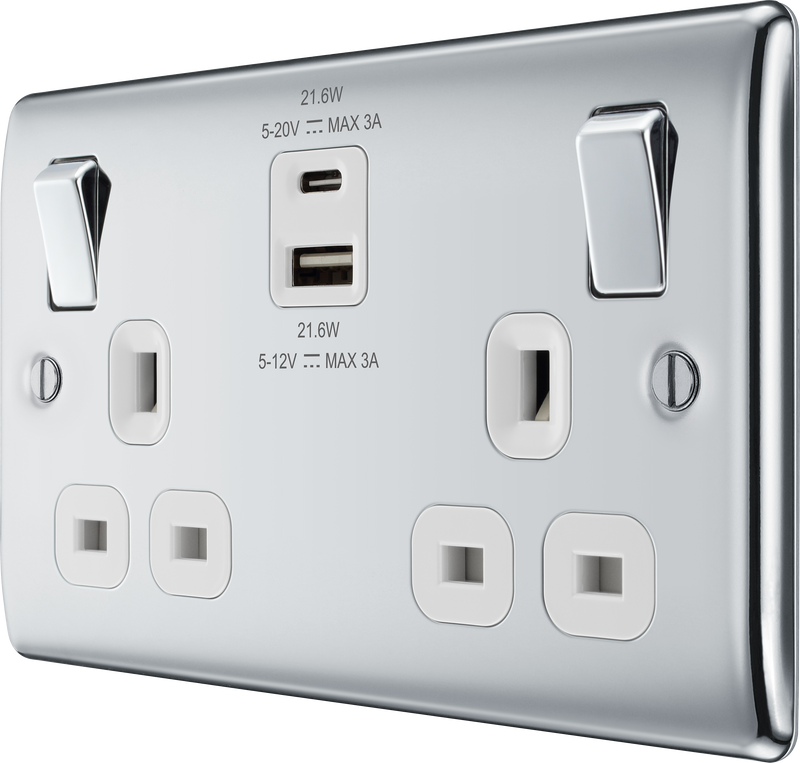 BG Electrical Nexus Metal Polished Chrome - Double switched single pole, with USB A + C (22W)