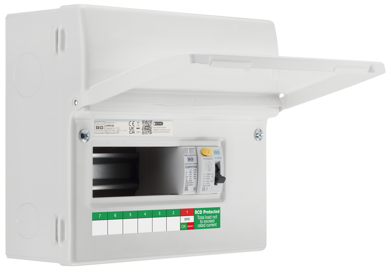 BG Circuit Protection Dual RCD - 9 module, 6 way, 100A Type A RCD, Type 2 SPD