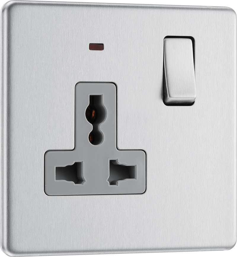 BG Electrical Flatplate Screwless Brushed Steel - Single, switched, universal with indicator (export only)