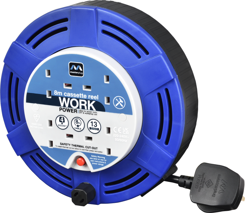 Masterplug Work - 8m, 4 Sockets, 13A, Blue