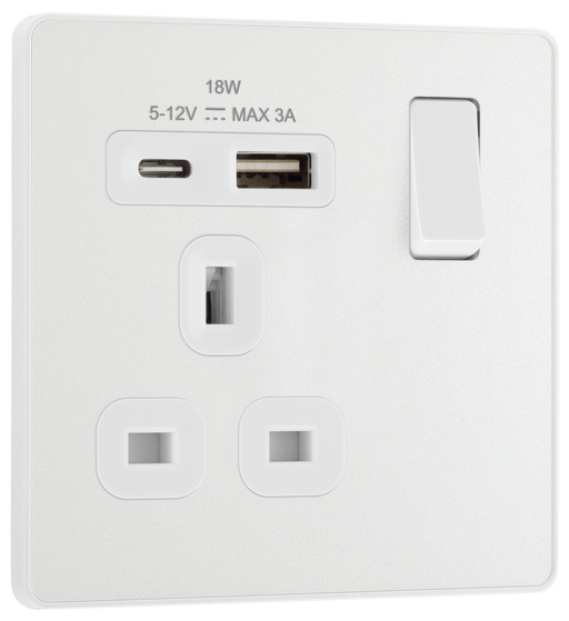 BG Electrical Evolve Pearlescent White - Single, switched, single pole, with 1 x USB A + 1 x USB C