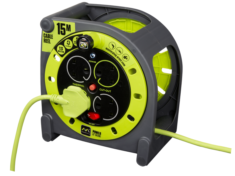 Masterplug Pro XT - 15m, 4 Sockets, 13A, Grey + Green