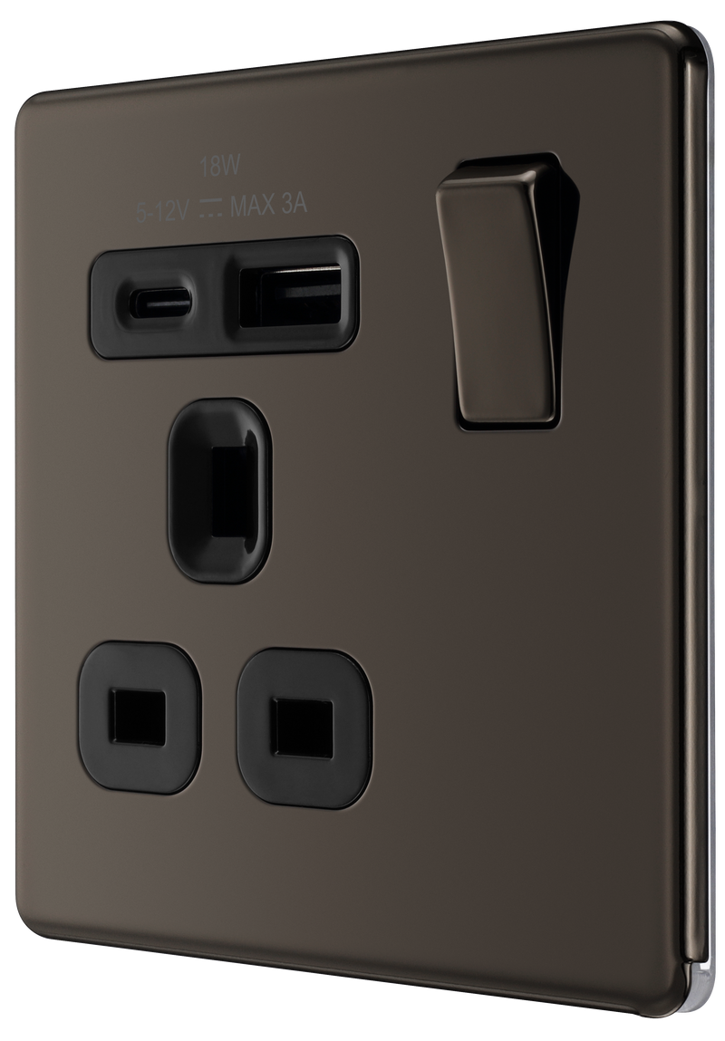 BG Electrical Flatplate Screwless Black Nickel - Single, switched, single pole, with 1 x USB A + 1 x USB C