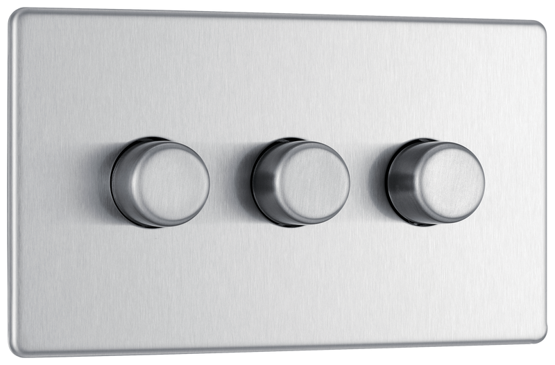 BG Electrical Flatplate Screwless Brushed Steel - Triple 2 way push 200W