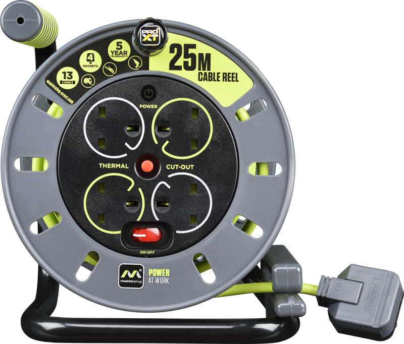 Masterplug Pro XT - 25m, 4 Sockets, 13A, Grey + Green