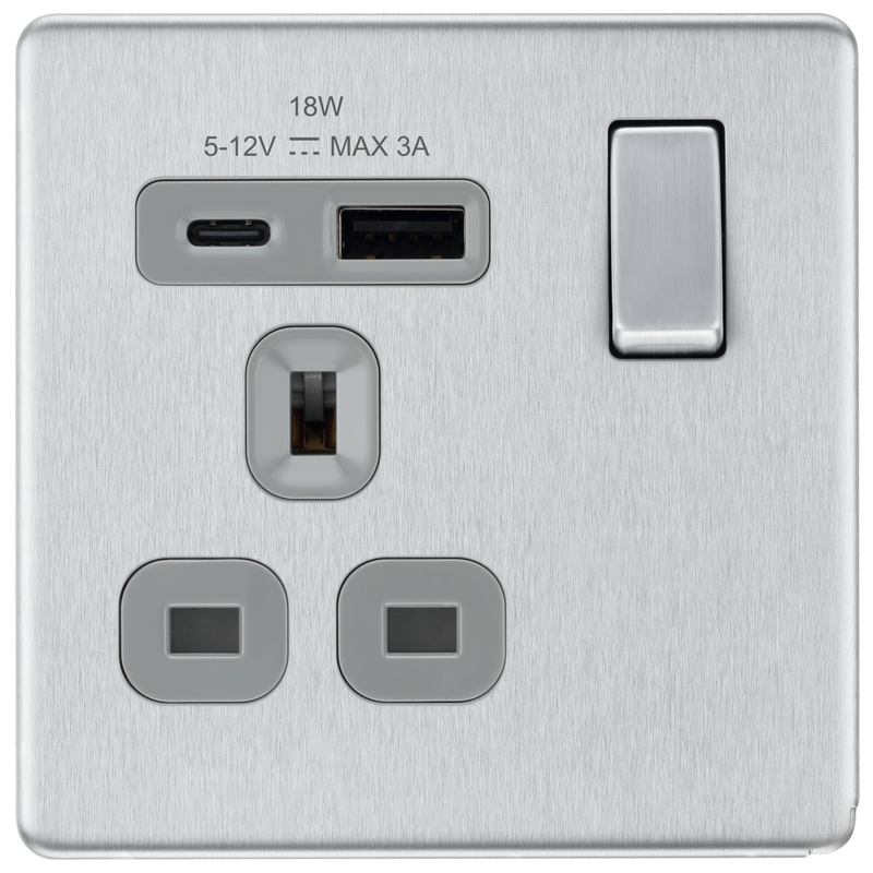 BG Electrical Flatplate Screwless Brushed Steel - Single, switched, single pole, with 1 x USB A + 1 x USB C
