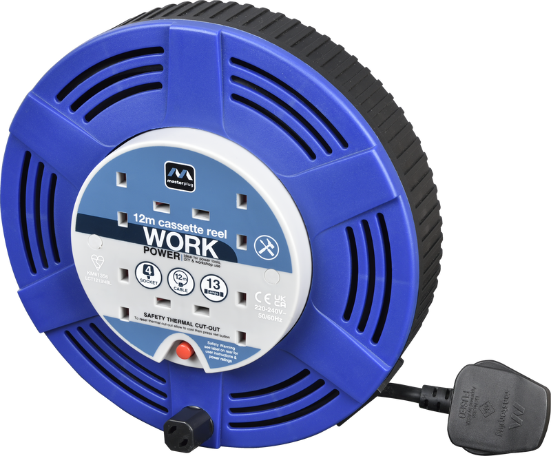 Masterplug Work - 12m, 4 Sockets, 13A, Blue