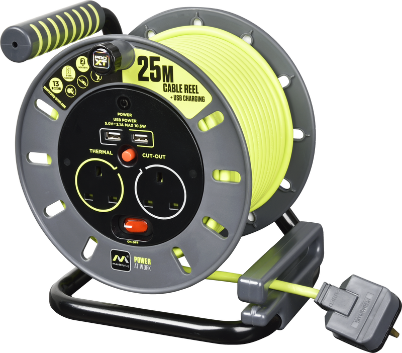 Masterplug Pro XT - 2 x USB A, 25m, 2 Sockets, 13A, Grey + Green