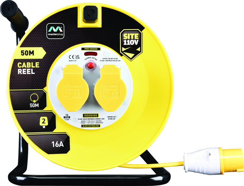 Masterplug Site - 50m, 2 Sockets, 16A, Yellow