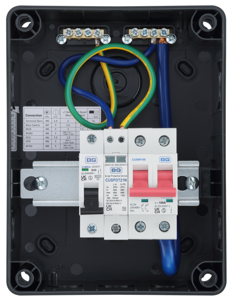 Sync Energy Consumer Unit - 5 Module, IP66, Plastic, Grey 100A Main Switch, 40A MCB, Type 2 SPD + 1 spare way