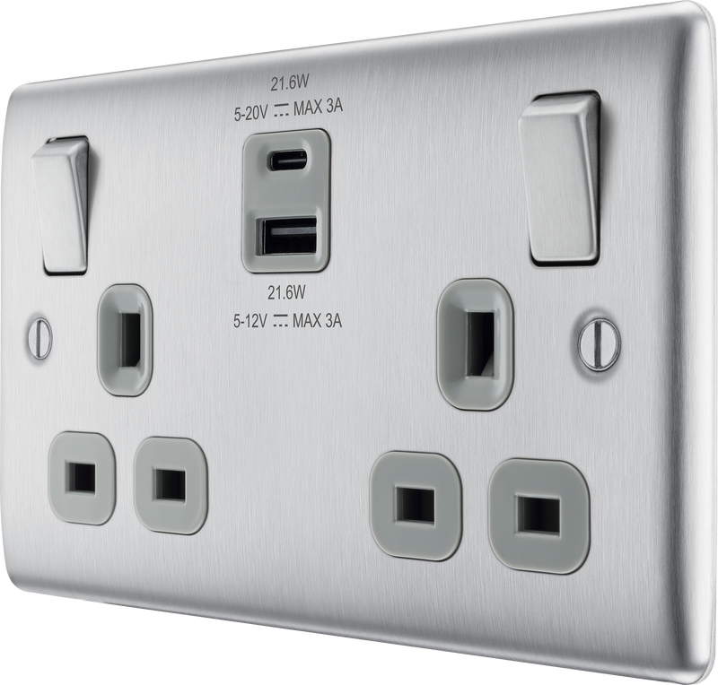 BG Electrical Nexus Metal Brushed Steel - Double switched single pole, with USB A + C (22W)