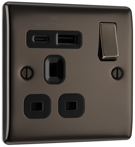 BG Electrical Nexus Metal Black Nickel - Single, switched, single pole, with 1 x USB A + 1 x USB C