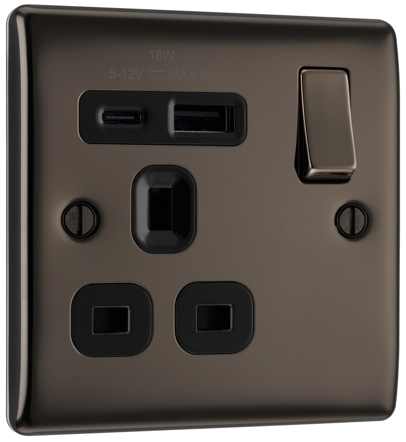 BG Electrical Nexus Metal Black Nickel - Single, switched, single pole, with 1 x USB A + 1 x USB C