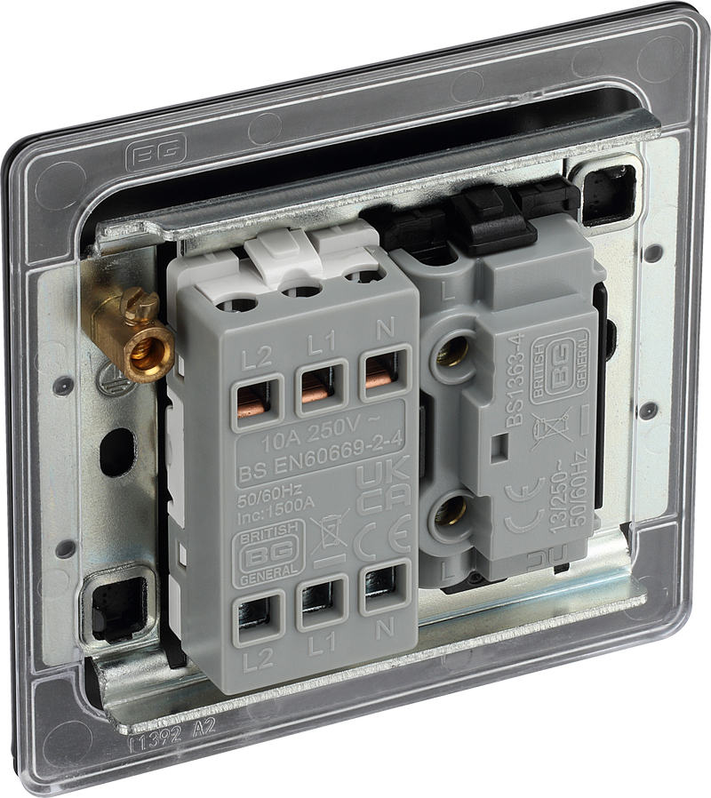 BG Electrical Flatplate Screwless Matt Black - 3 pole fan isolator, fused