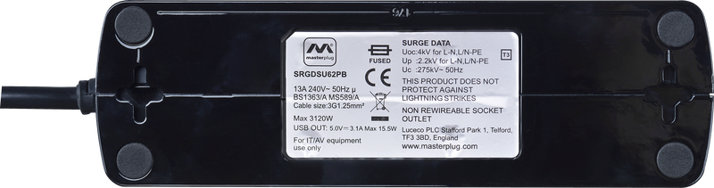 Masterplug High Gloss USB - 2 x USB A, 6 Sockets, 2m, 13A, Gloss Black