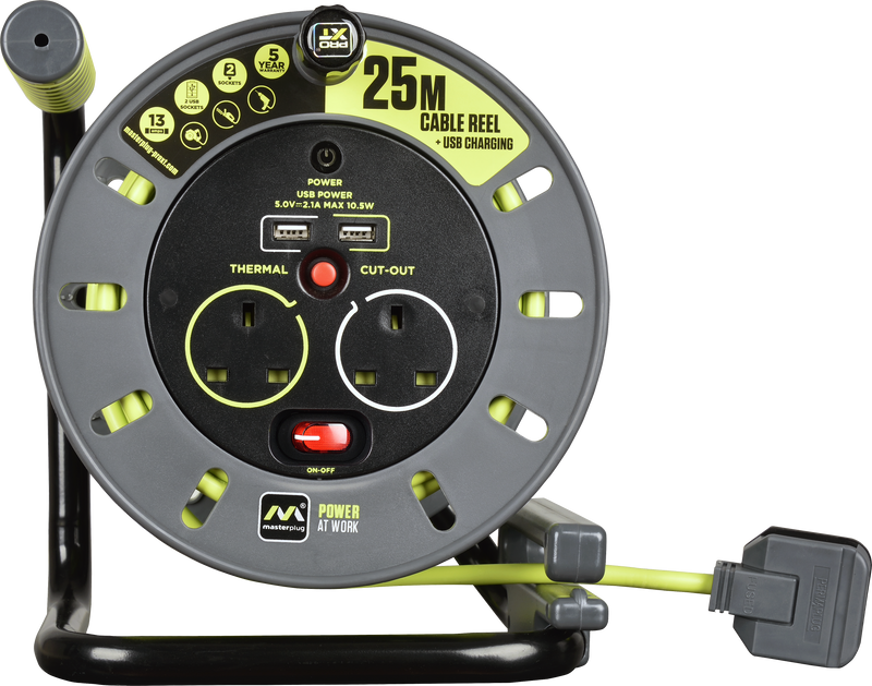 Masterplug Pro XT - 2 x USB A, 25m, 2 Sockets, 13A, Grey + Green