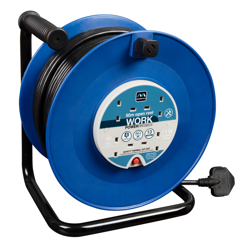 Masterplug Work - 50m, 4 Sockets, 13A, Blue
