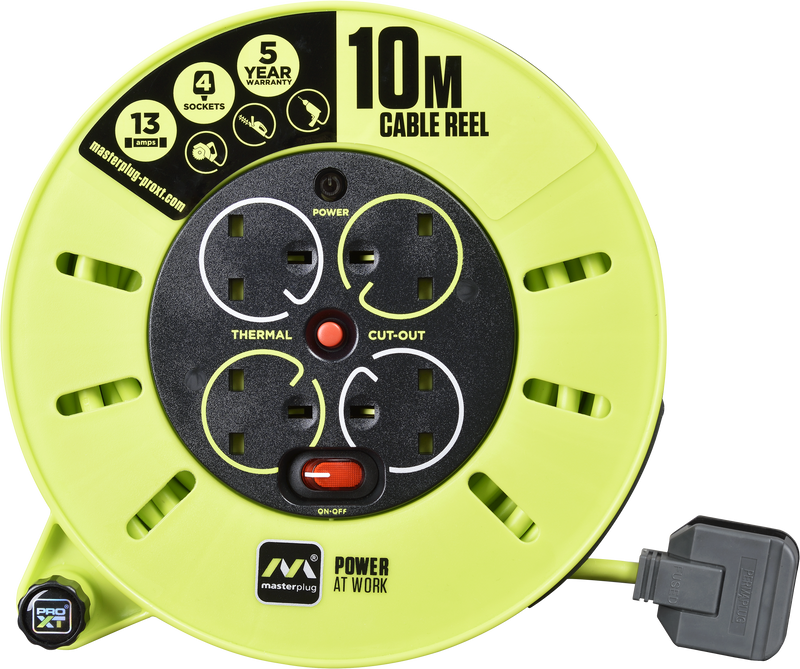 Masterplug Pro XT - 10m, 4 Sockets, 13A, Grey + Green