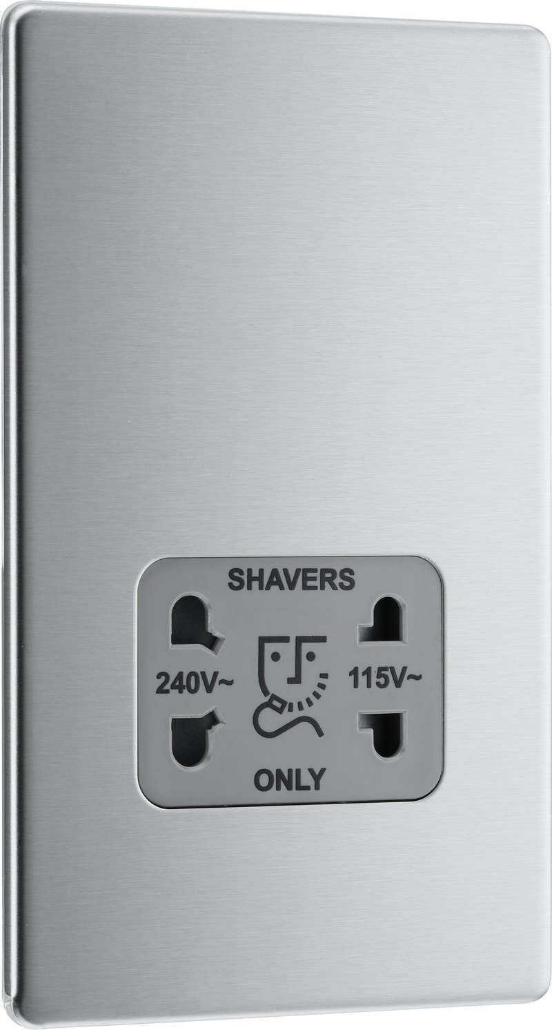 BG Electrical Flatplate Screwless Brushed Steel - 115/240V dual voltage shaver socket