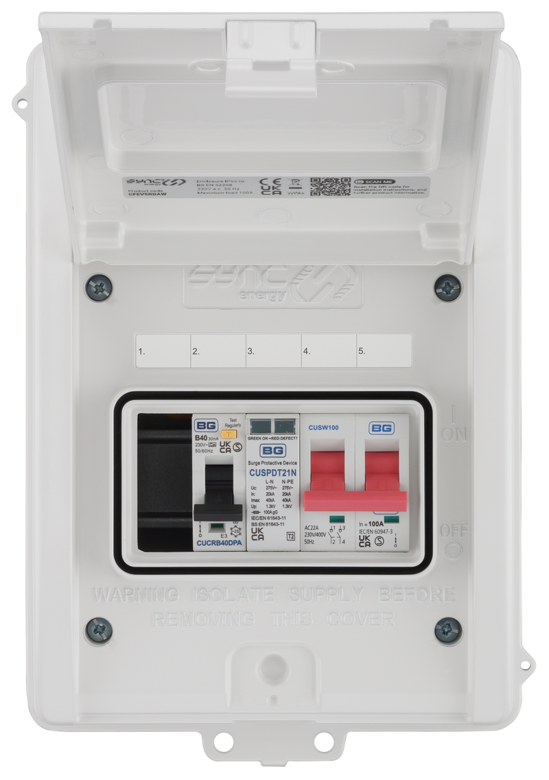 Sync Energy EV Circuit Protection - 5 Module EV Consumer Unit 100A with Main Switch, RCBO, SPD, IP65 - White