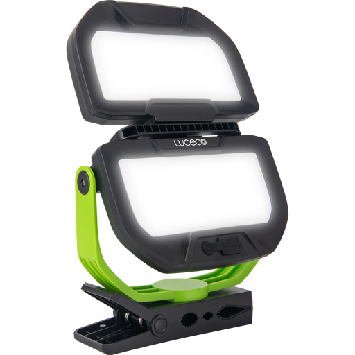 Luceco Clamp - Twin Panel LED Worklight with Magnetic Clamp and USB Power Bank, Rechargeable, Fully Rotating and Tilting Inspection Light, Folding, High Capacity Battery, IP54, 30W, 2500lm, 6500K,